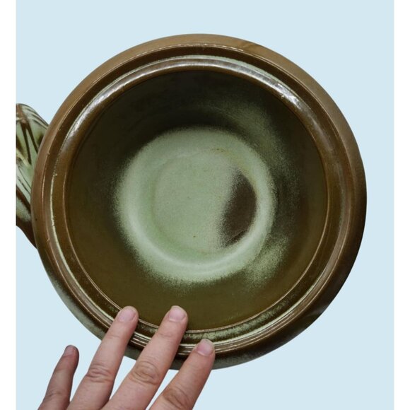 Frankoma 6V Brown & Green Glazed Ceramic Casserole Dish and Warmer Base and Lid - Picture 3 of 10